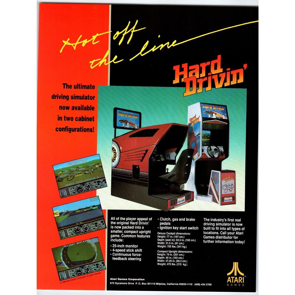 Hard Drivin UR and Sit DownVintage Video Arcade Game Flyer 1988 Retro 8.5" x 11"